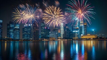 Fototapeta premium Skyline Spectacle: Fireworks Illuminating the City with Vibrant Light Trails