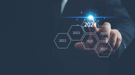 2024 business planning and strategy concept. business goals trends 2024. digital marketing, profit income, economy, stock market trends and business, 2024 trend, challenge and business strategy. - obrazy, fototapety, plakaty