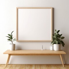 Wooden Table With Plant and Picture Frame