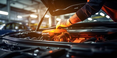 mechanic wearing white gloves inspecting car engine