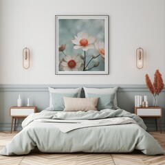 Cozy Bedroom With Bed, Nightstands, and Wall Painting