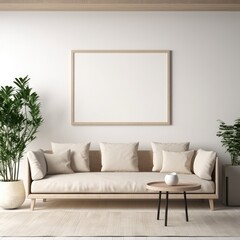Cozy Living Room With Couch, Table, and Potted Plants