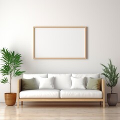 Cozy Living Room With Couch, Plants, and Picture Frame