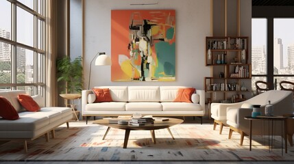 Modern elegant scandinavian inspired interior design of living room with soft color palettes 