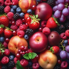 top view of various fruits and berries, colorful fruit background - obrazy, fototapety, plakaty