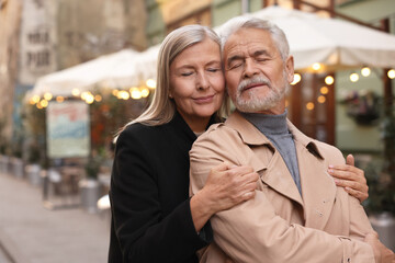 Portrait of affectionate senior couple on city street, space for text