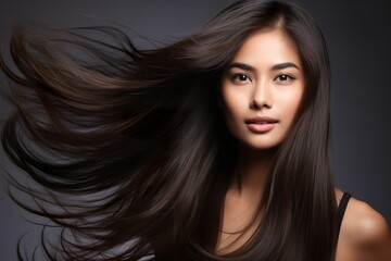 Naklejka premium closeup photo portrait of a beautiful young Asian model woman shaking her beautiful hair in motion. ad for shampoo conditioner hair products