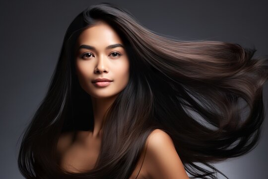 closeup photo portrait of a beautiful young Asian model woman shaking her beautiful hair in motion. ad for shampoo conditioner hair products