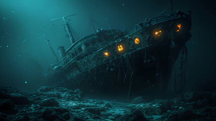 A sunken ghost ship resting at the ocean floor - obrazy, fototapety, plakaty