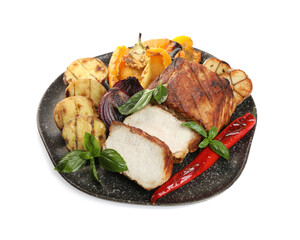 Plate with tasty grilled vegetables, meat and basil isolated on white
