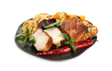 Plate with tasty grilled vegetables, meat and basil isolated on white