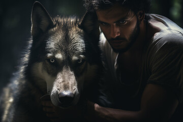 Strong and powerful man with wolf fearless and majestic side by side in forest generative ai - obrazy, fototapety, plakaty