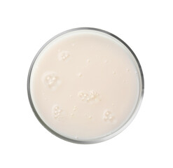 Petri dish with colorful liquid sample on white background, top view