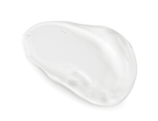 Sample of clear cosmetic gel on white background, top view