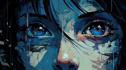 Painting of Womans Face With Blue Eyes, Anime Illustration