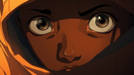 Fototapeta premium Close Up of Person Wearing Hood, Anime Illustration. A Frightened Look.