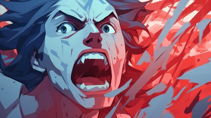 Vampire Man Opening Mouth in Front of Red Background, Anime Illustration - obrazy, fototapety, plakaty