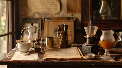 Nostalgic Coffee Traditions: Antique Cups, Storytelling - obrazy, fototapety, plakaty