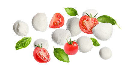 Mozzarella balls, tomatoes and basil leaves falling on white background