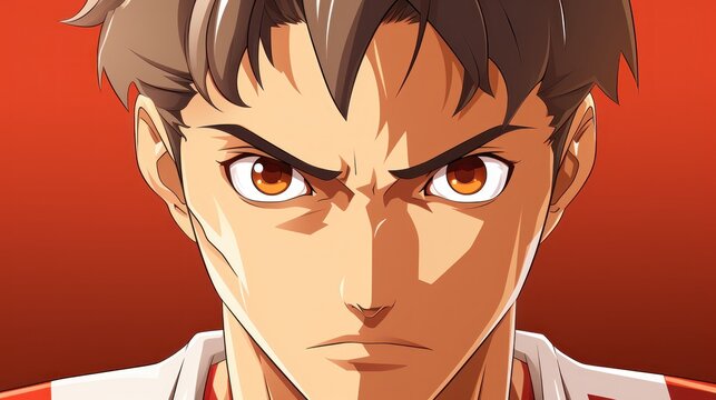 Close-up of Angry Boy With Brown Eyes, Anime Illustration
