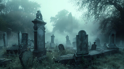 An eerie graveyard surrounded by mist