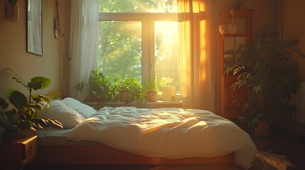 Dawn's Serenity: Peaceful Bedroom with Soft Light and Lush Greenery