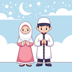 Flat design cute muslim couple illustration