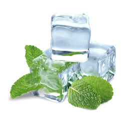 Green mint and ice cubes isolated on white