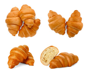 Fresh golden croissants isolated on white, set