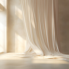 photorealistic creamy white linen curtains with prismatic light leaks against a white clay texture wall, abstract Ai generative 