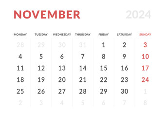 Monthly page Calendar Planner Templates of November 2024. Vector layout of simple calendar with week start Monday for print. Page for size A4 or 21x29.7 cm