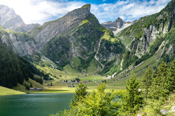 Panoramic view of an alpine lake in a green valley with mountain huts and mountain peak in the...