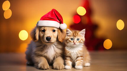Fototapeta na wymiar Small pets, a kitten and a puppy, sit in red Santa hat, Merry Christmas