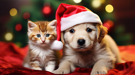 Two happy small pets, a kitten and a puppy, sit in red Santa hat, Merry Christmas