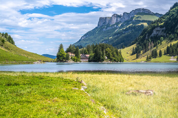 Picturesque view of tourists walking along an alpine lake in a green valley with mountain huts in the background on a sunny day. Seealpsee, Säntis, Wasserauen, Appenzell, Switzerland.