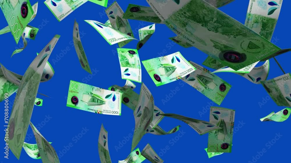 Poster 3D animation of Nicaraguan Córdoba notes Falling On blue screen. Remove the background by keying or subtracting with the black and white matte to replace with a custom one
