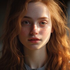 Portrait of a young woman with freckles and red hair - obrazy, fototapety, plakaty
