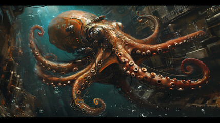 mechanical squid roams the depths - obrazy, fototapety, plakaty