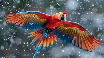 Frosty Contrast: Vibrant Macaw in Flight Against a Snowy Background