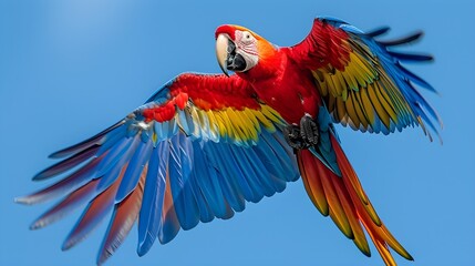 Obraz premium Sky Dance: Vibrant Macaw in Flight Against a Clear Blue Sky