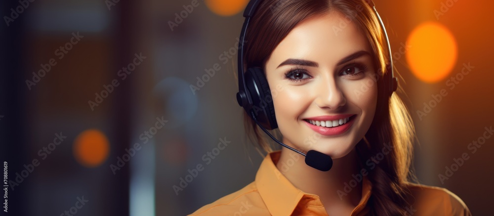 Poster friendly helpline operator in call center with a smile.