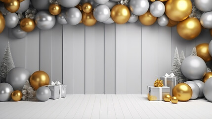 Fototapeta na wymiar Modern minimalist creative christmas backdrop in gold and silver colors