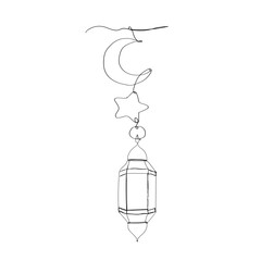 Continuous Line Drawing Ramadan Kareem Greeting Cards. Lantern, Moon, Star Islamic Decoration. Illustration Icon Vector