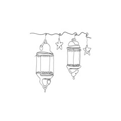 Continuous Line Drawing people Holding Lanterns, Moon and Stars. Islamic Symbol. Ramadan Kareem. Illustration Icon Vector