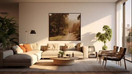 Modern elegant living room interior design inspired by scandinavian color palette 