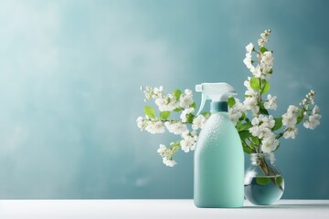 Blank plastic spray detergent bottle with flowers on blue background. Spraying floral air freshener. Spring cleaning concept. Packaging template, mockup for design - obrazy, fototapety, plakaty
