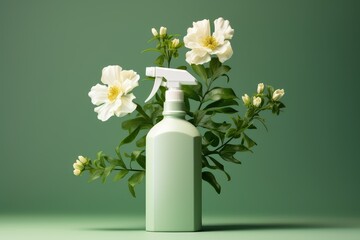 Blank plastic spray detergent bottle with flowers on green background. Spraying floral air freshener. Spring cleaning concept. Packaging template, mockup for design