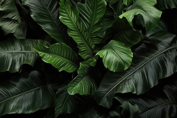 Closeup tropical forest plant. Floral botanical abstract background with dark green leaves texture....