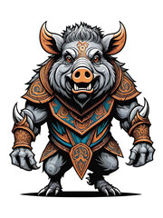 Wild boar mascot with armor costume design illustration on transparent background