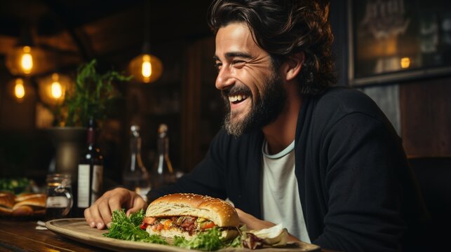 Bearded man eating a sandwich